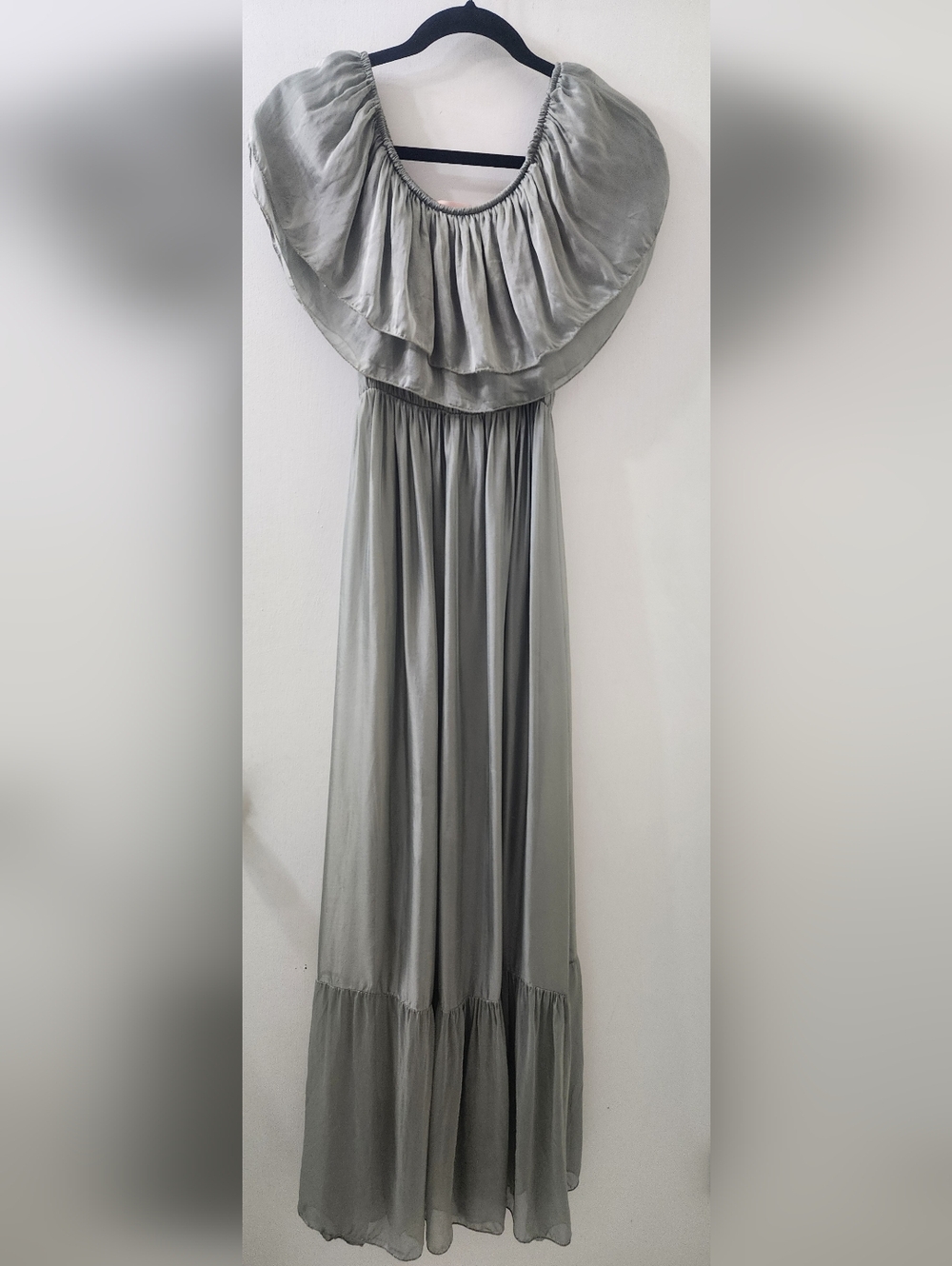 Silver-Green Maxi Dress with Ruffled Hem